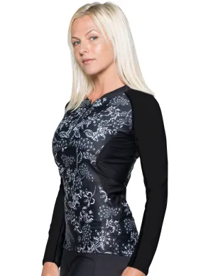 Women's Long Sleeve Quarter Zip Rash Guard (Regular & Plus Size) - Paisley/Black