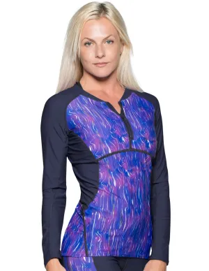 Women's Long Sleeve Quarter Zip Rash Guard (Regular & Plus Size) - Waves/Navy