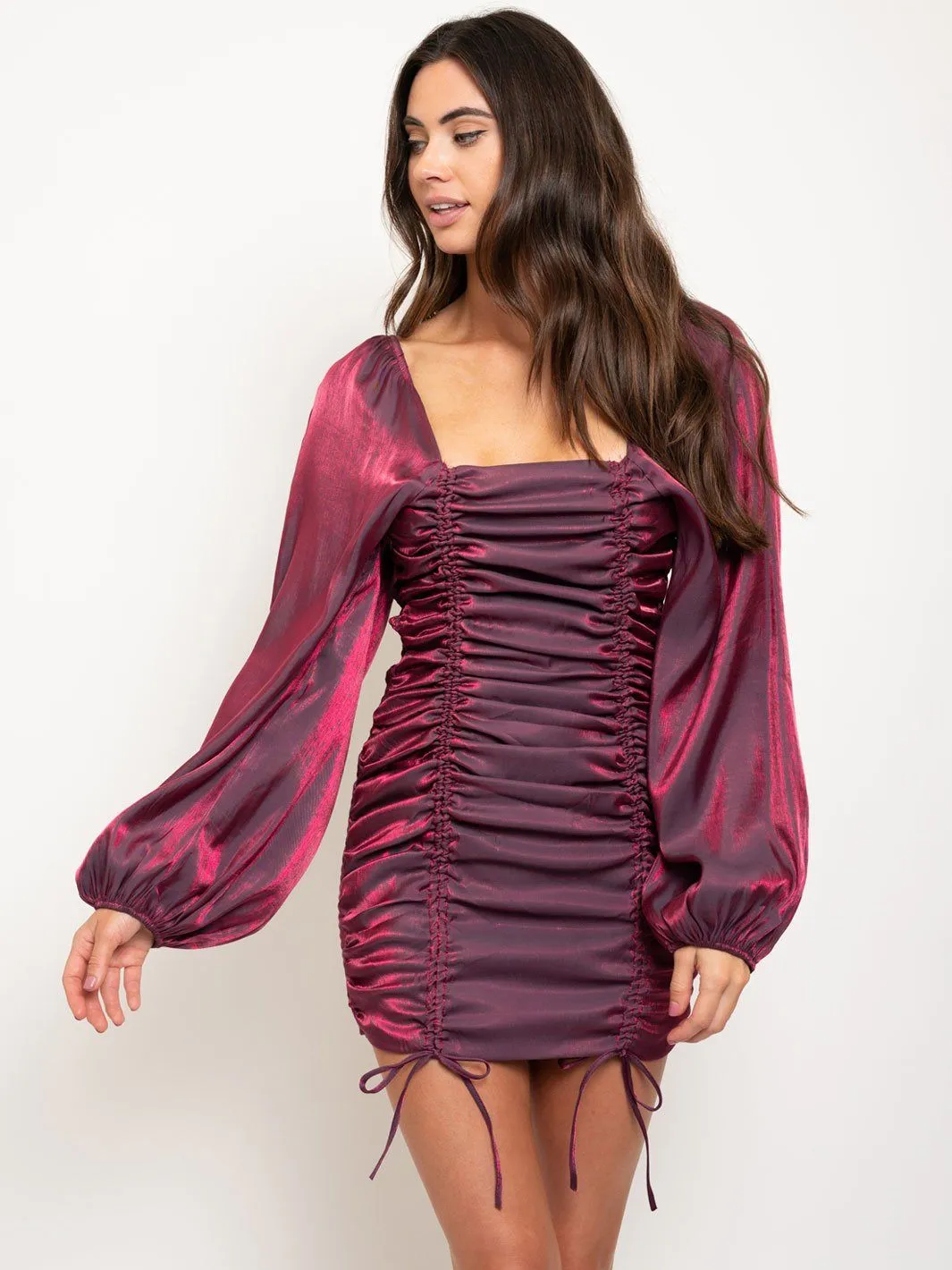WOMEN'S LONG SLEEVE RUCHED FRONT MINI DRESS