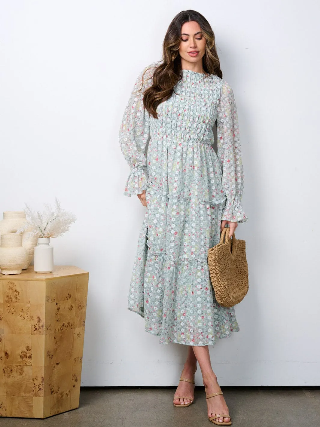 WOMEN'S LONG SLEEVE RUCHED TIERED EMBROIDERY FLORAL MAXI DRESS