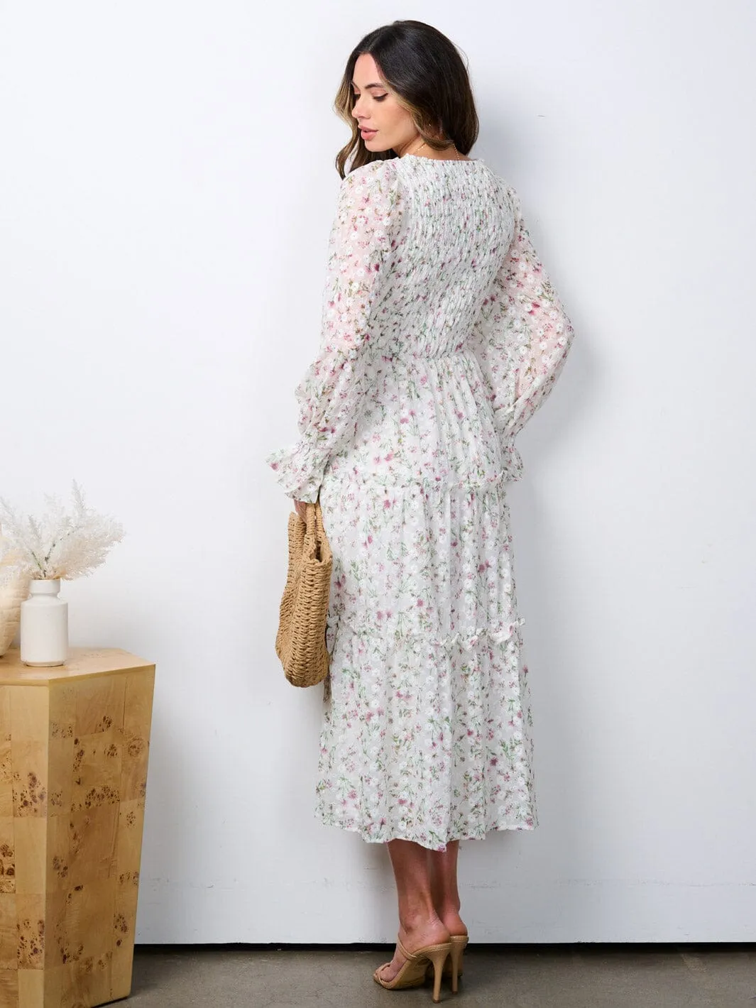WOMEN'S LONG SLEEVE RUCHED TIERED EMBROIDERY FLORAL MAXI DRESS