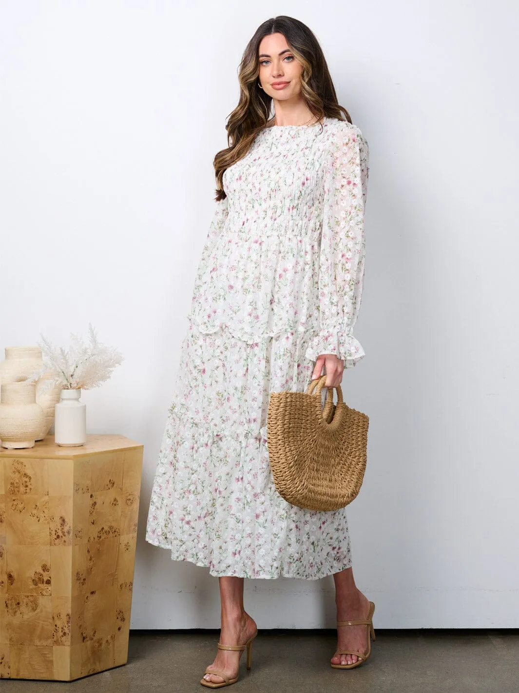 WOMEN'S LONG SLEEVE RUCHED TIERED EMBROIDERY FLORAL MAXI DRESS