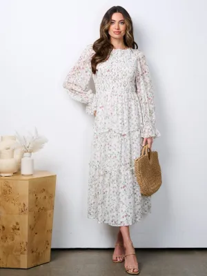 WOMEN'S LONG SLEEVE RUCHED TIERED EMBROIDERY FLORAL MAXI DRESS