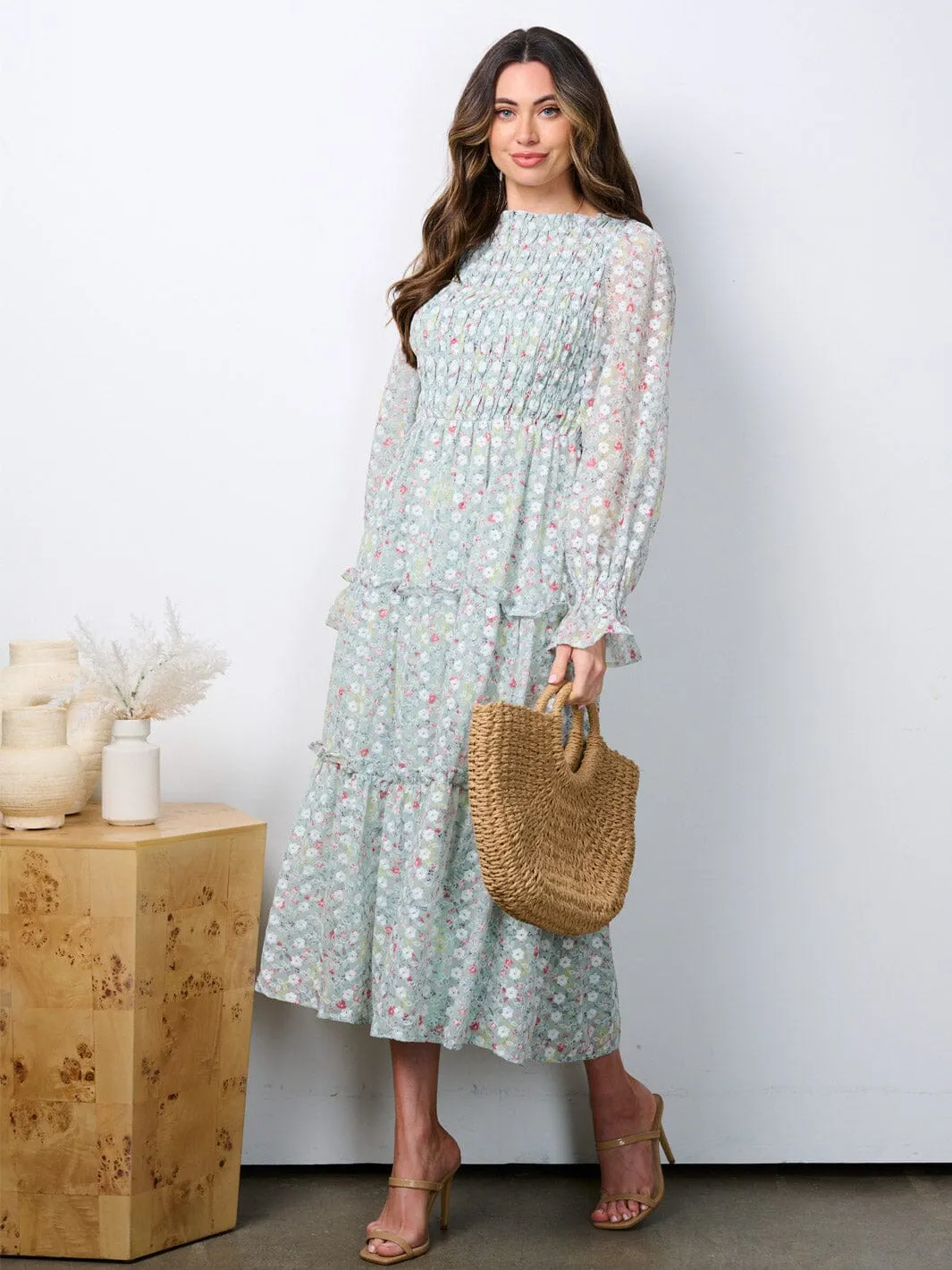 WOMEN'S LONG SLEEVE RUCHED TIERED EMBROIDERY FLORAL MAXI DRESS