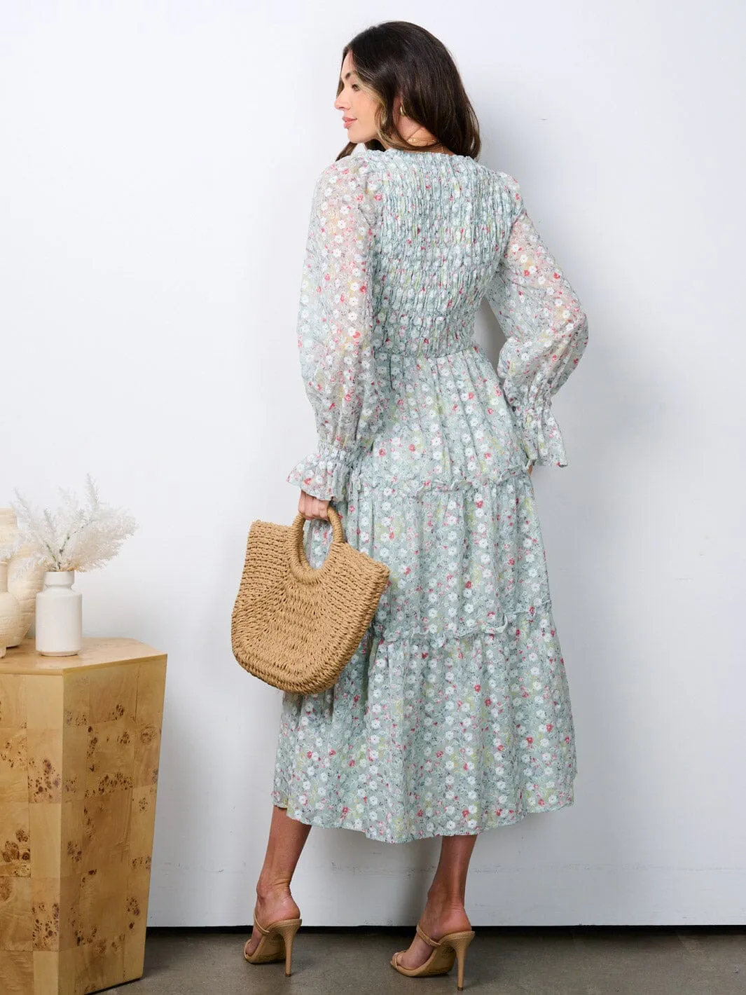 WOMEN'S LONG SLEEVE RUCHED TIERED EMBROIDERY FLORAL MAXI DRESS