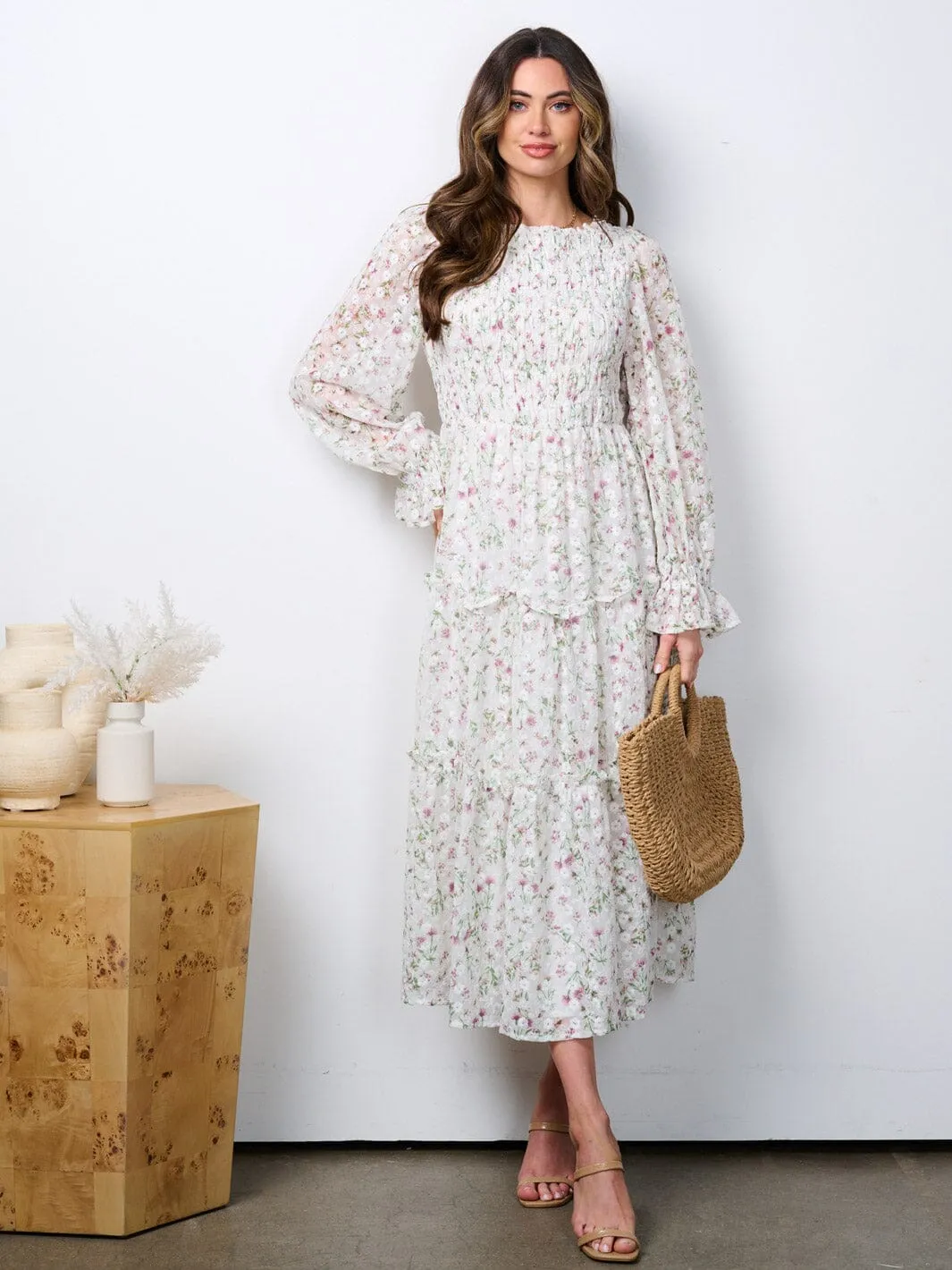 WOMEN'S LONG SLEEVE RUCHED TIERED EMBROIDERY FLORAL MAXI DRESS