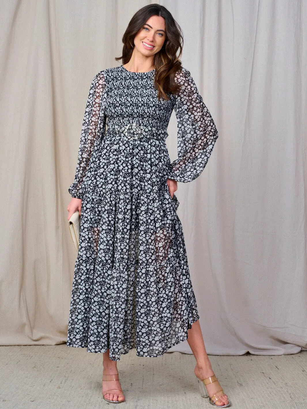 WOMEN'S LONG SLEEVE SMOCK BELTED FLORAL PRINT MAXI DRESS
