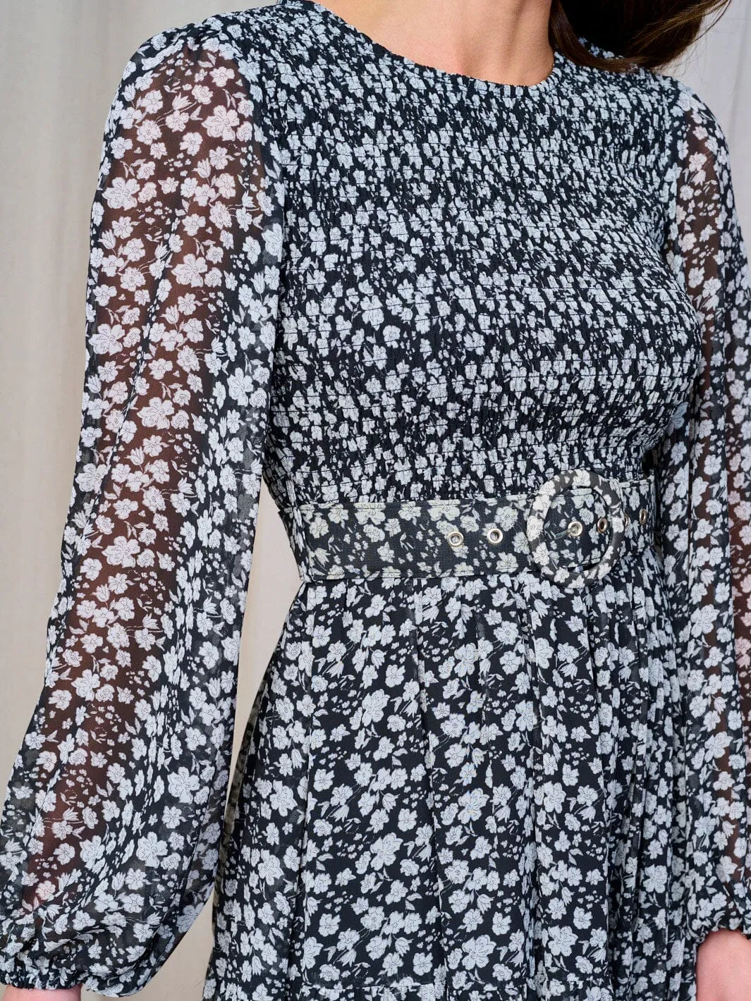 WOMEN'S LONG SLEEVE SMOCK BELTED FLORAL PRINT MAXI DRESS
