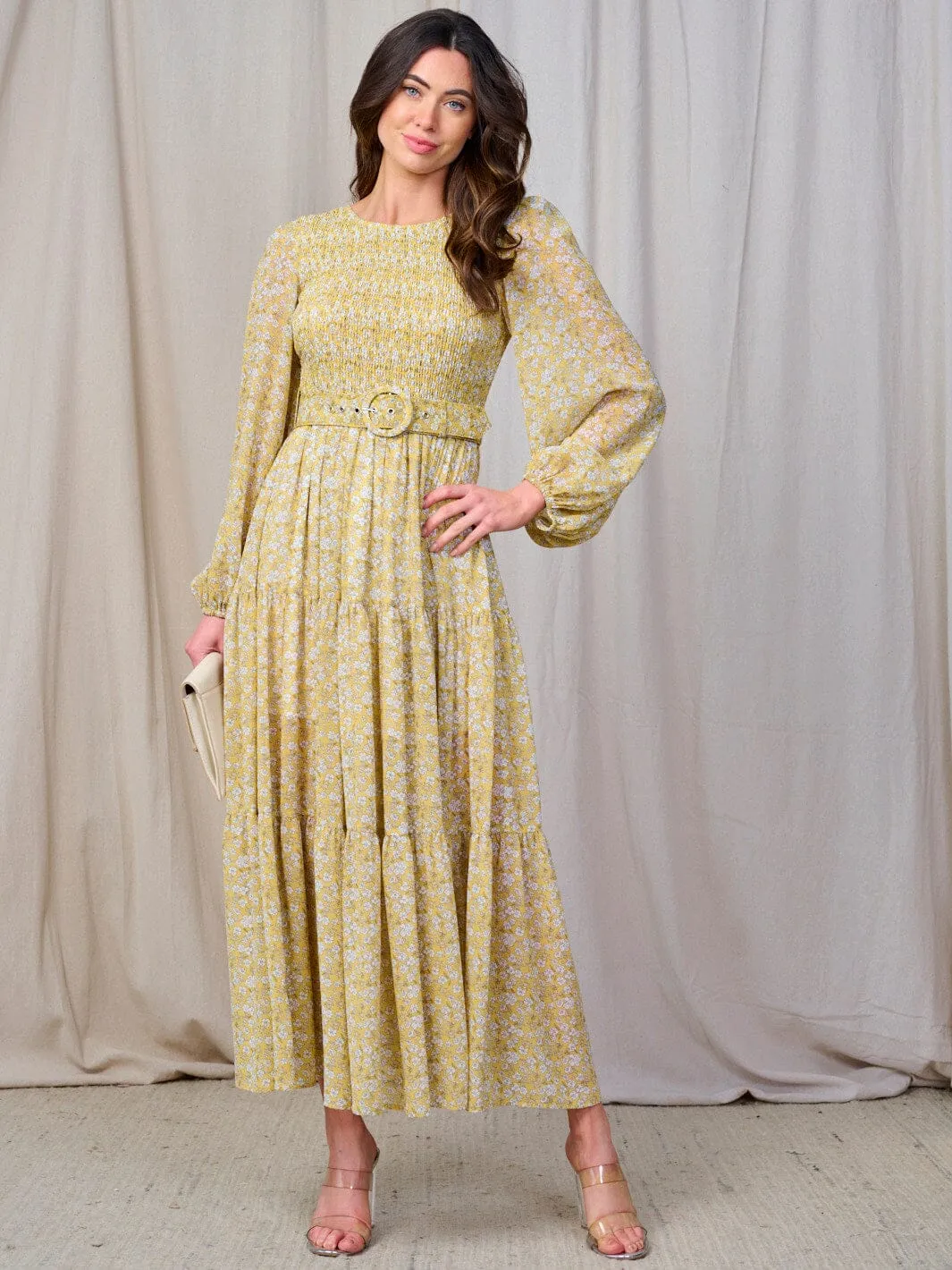 WOMEN'S LONG SLEEVE SMOCK BELTED FLORAL PRINT MAXI DRESS