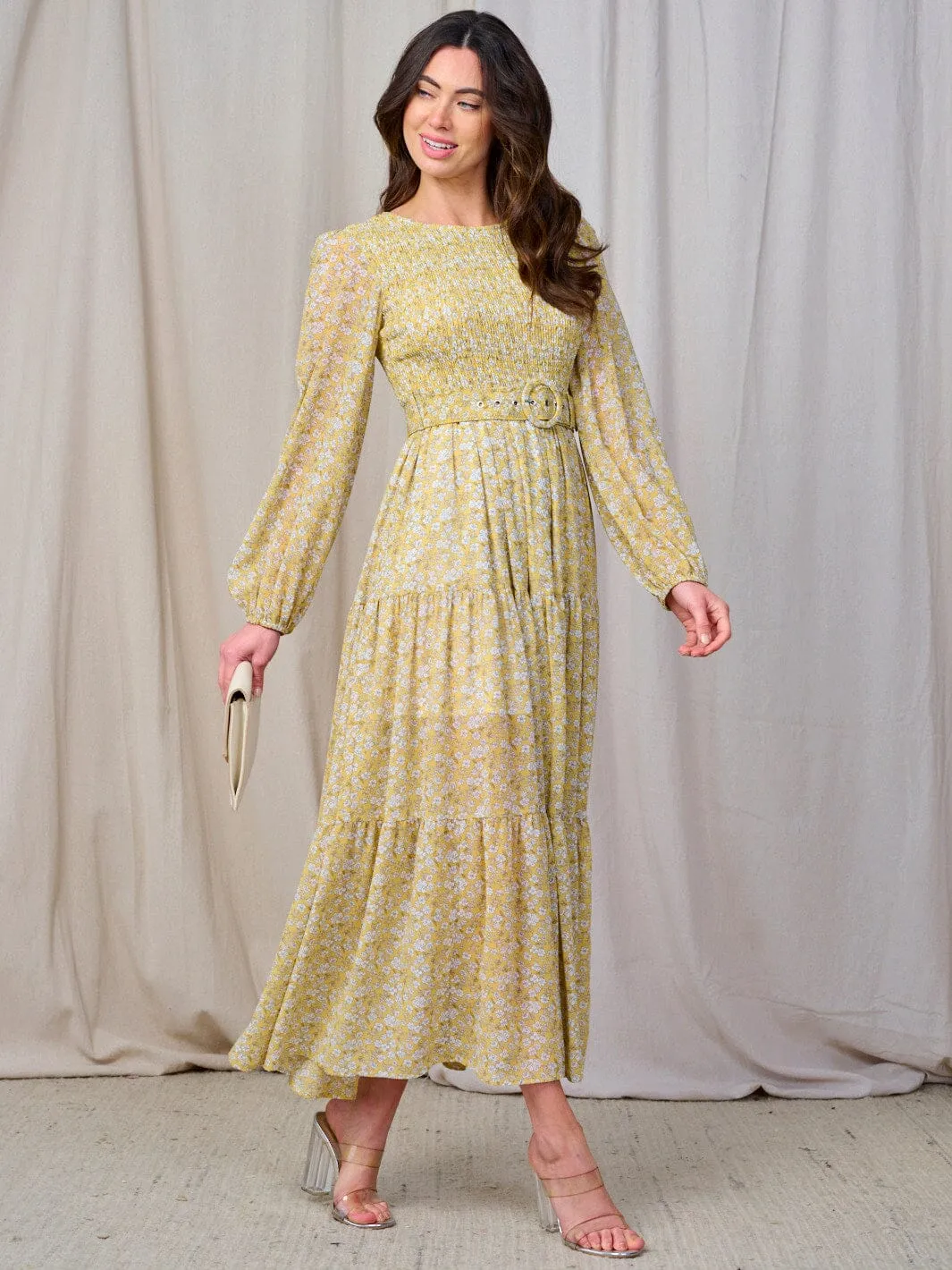 WOMEN'S LONG SLEEVE SMOCK BELTED FLORAL PRINT MAXI DRESS