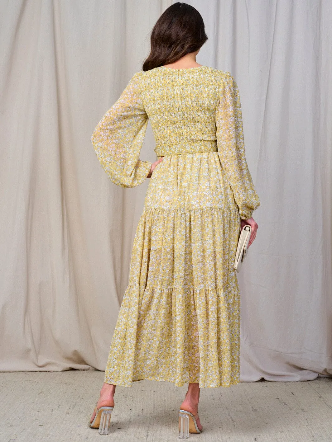 WOMEN'S LONG SLEEVE SMOCK BELTED FLORAL PRINT MAXI DRESS
