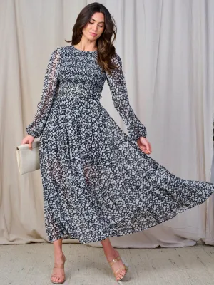 WOMEN'S LONG SLEEVE SMOCK BELTED FLORAL PRINT MAXI DRESS