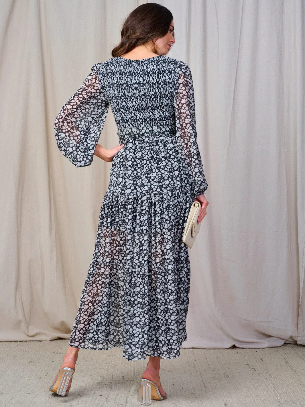 WOMEN'S LONG SLEEVE SMOCK BELTED FLORAL PRINT MAXI DRESS