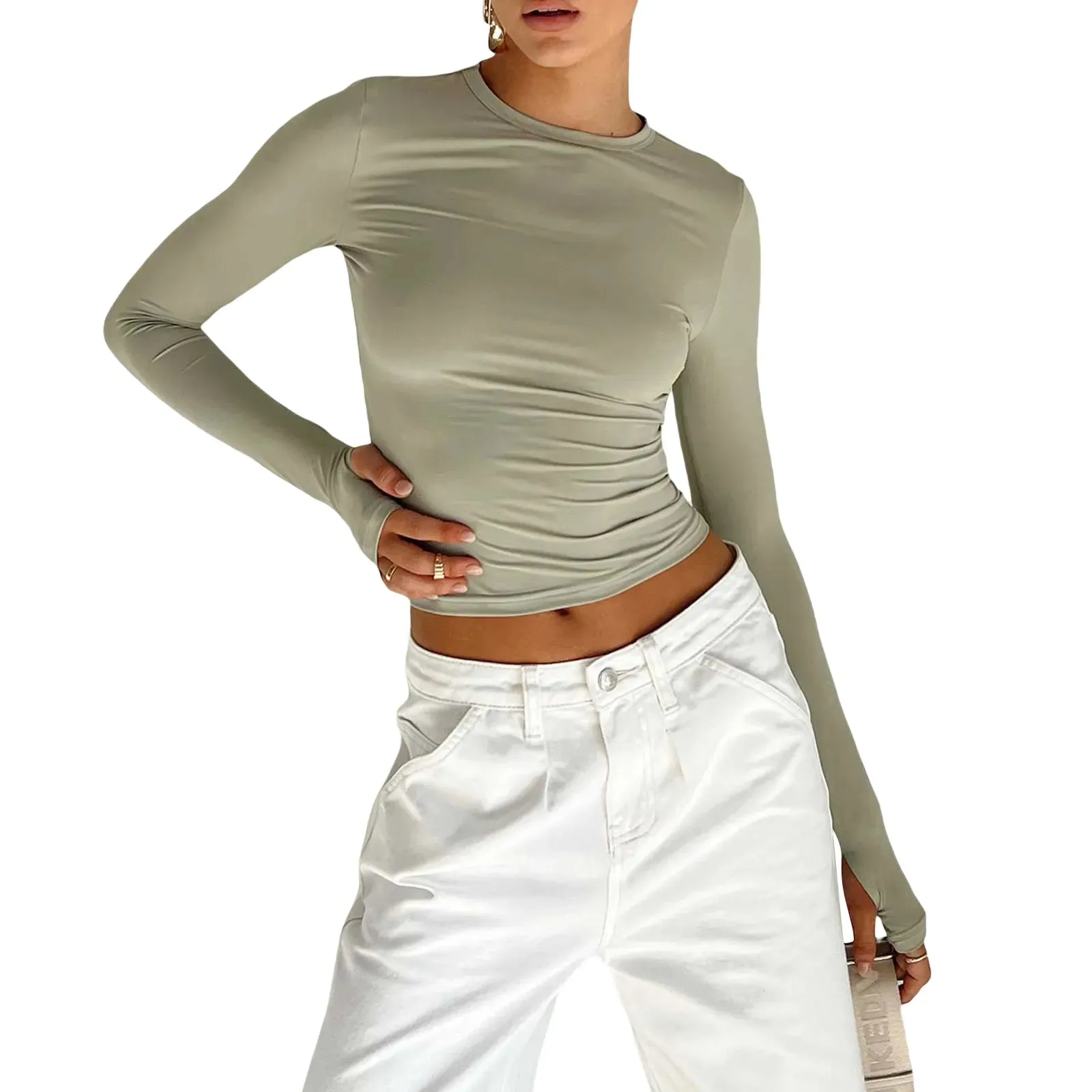 Women's Long Sleeve T-Shirt  Crew Neck Solid Slim Fit Crop Top with Thumb Holes Streetwear Summer Spring Fall