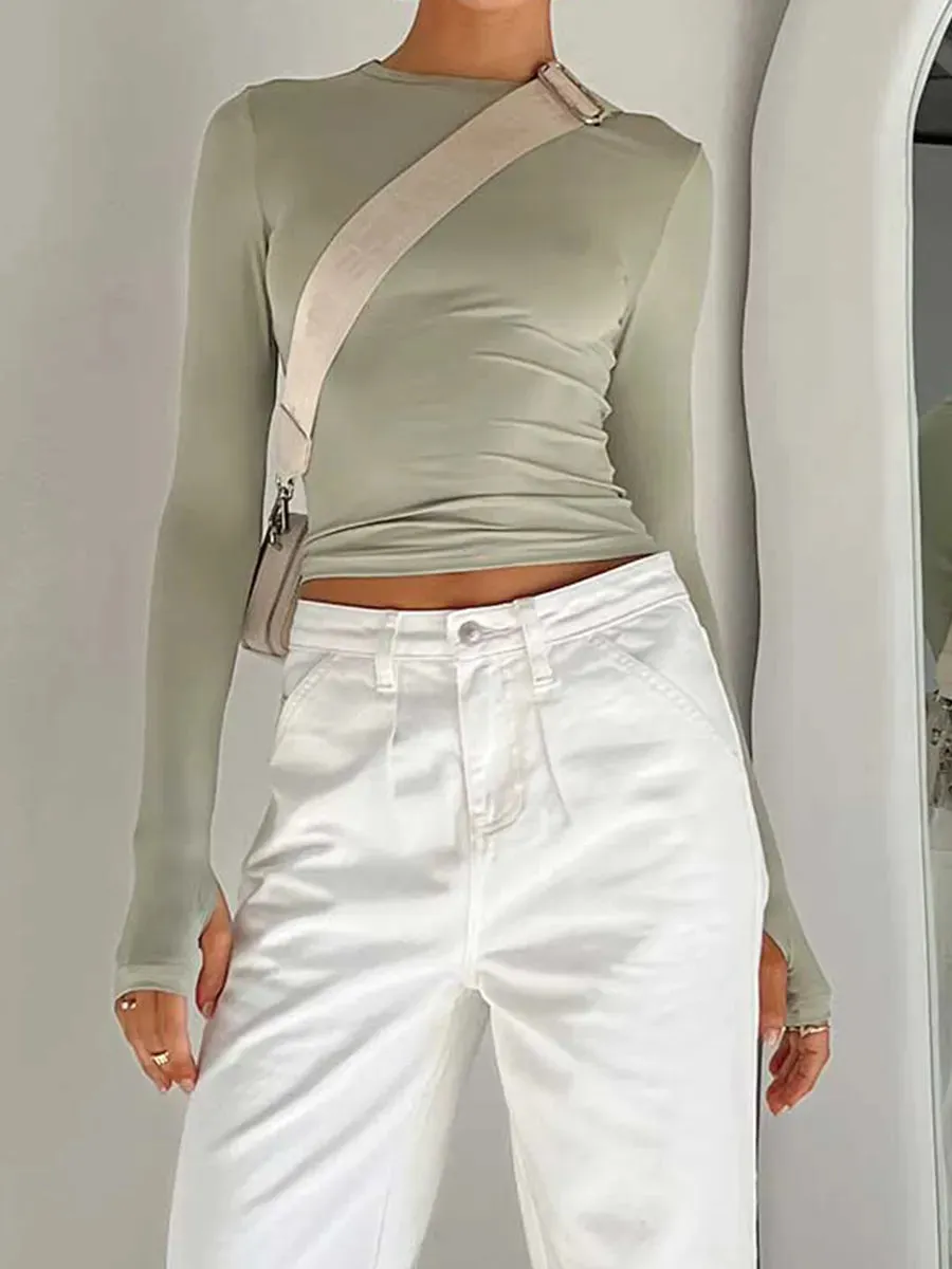 Women's Long Sleeve T-Shirt  Crew Neck Solid Slim Fit Crop Top with Thumb Holes Streetwear Summer Spring Fall