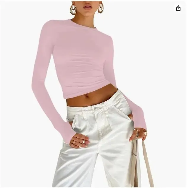 Women's Long Sleeve T-Shirt  Crew Neck Solid Slim Fit Crop Top with Thumb Holes Streetwear Summer Spring Fall