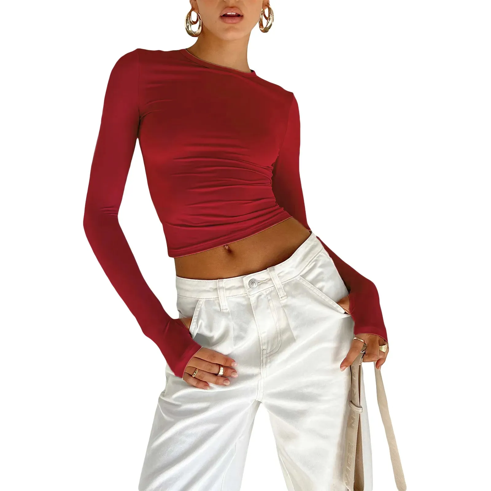 Women's Long Sleeve T-Shirt  Crew Neck Solid Slim Fit Crop Top with Thumb Holes Streetwear Summer Spring Fall