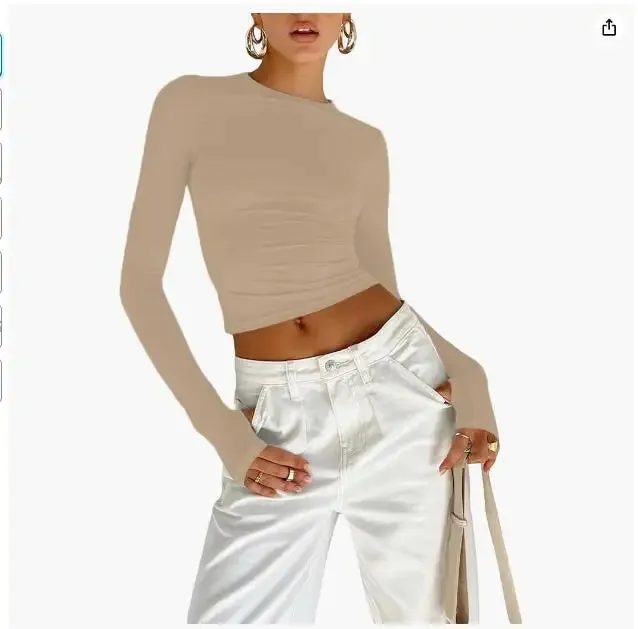 Women's Long Sleeve T-Shirt  Crew Neck Solid Slim Fit Crop Top with Thumb Holes Streetwear Summer Spring Fall