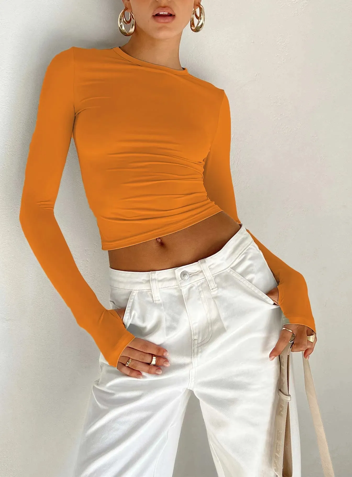 Women's Long Sleeve T-Shirt  Crew Neck Solid Slim Fit Crop Top with Thumb Holes Streetwear Summer Spring Fall