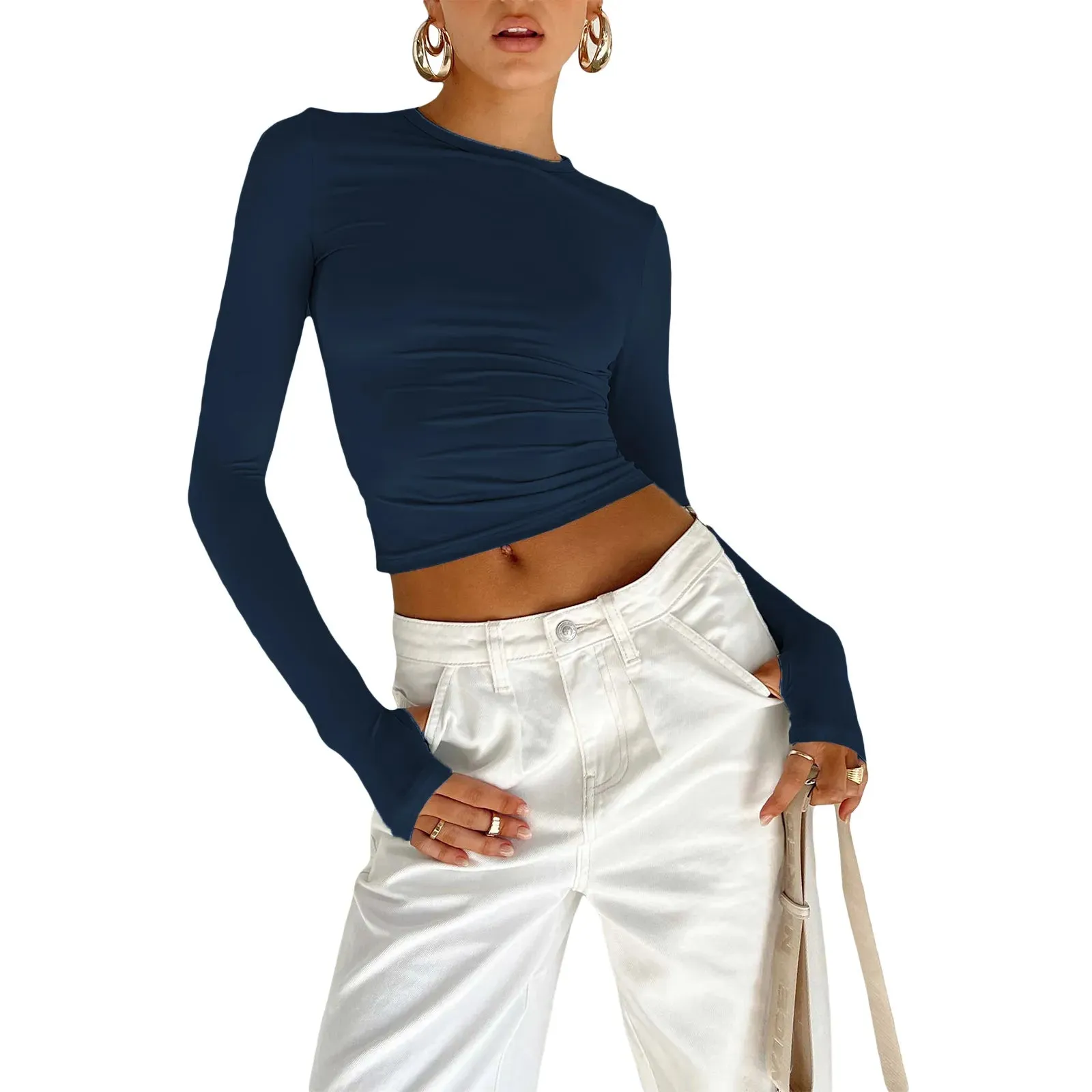 Women's Long Sleeve T-Shirt  Crew Neck Solid Slim Fit Crop Top with Thumb Holes Streetwear Summer Spring Fall