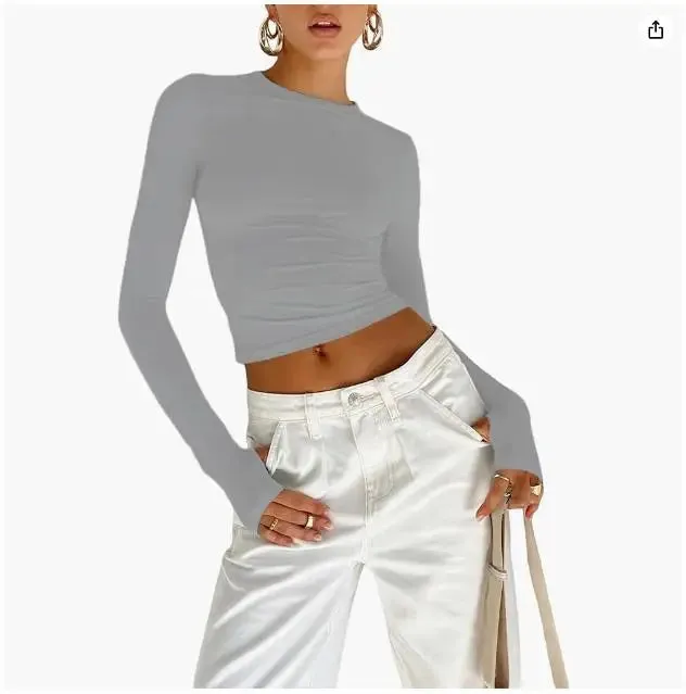 Women's Long Sleeve T-Shirt  Crew Neck Solid Slim Fit Crop Top with Thumb Holes Streetwear Summer Spring Fall