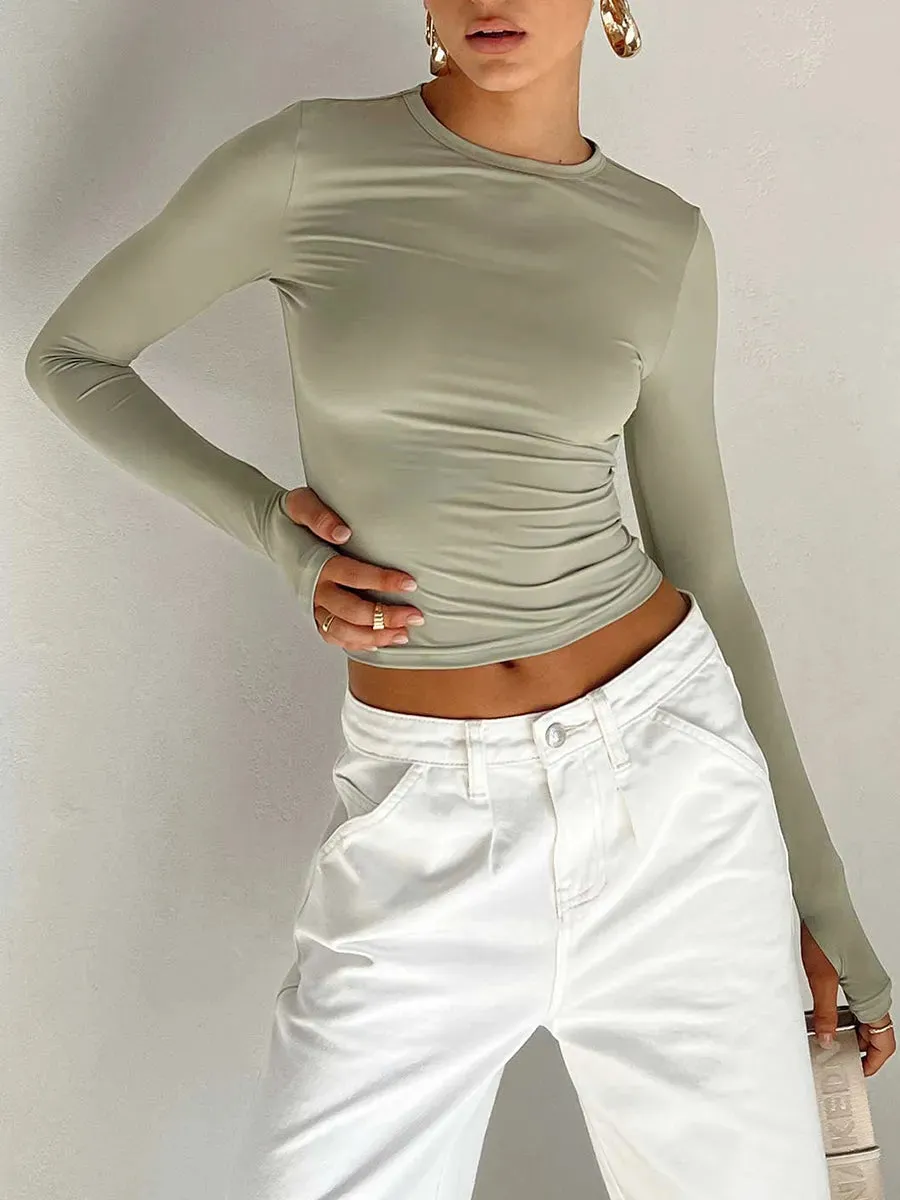 Women's Long Sleeve T-Shirt  Crew Neck Solid Slim Fit Crop Top with Thumb Holes Streetwear Summer Spring Fall