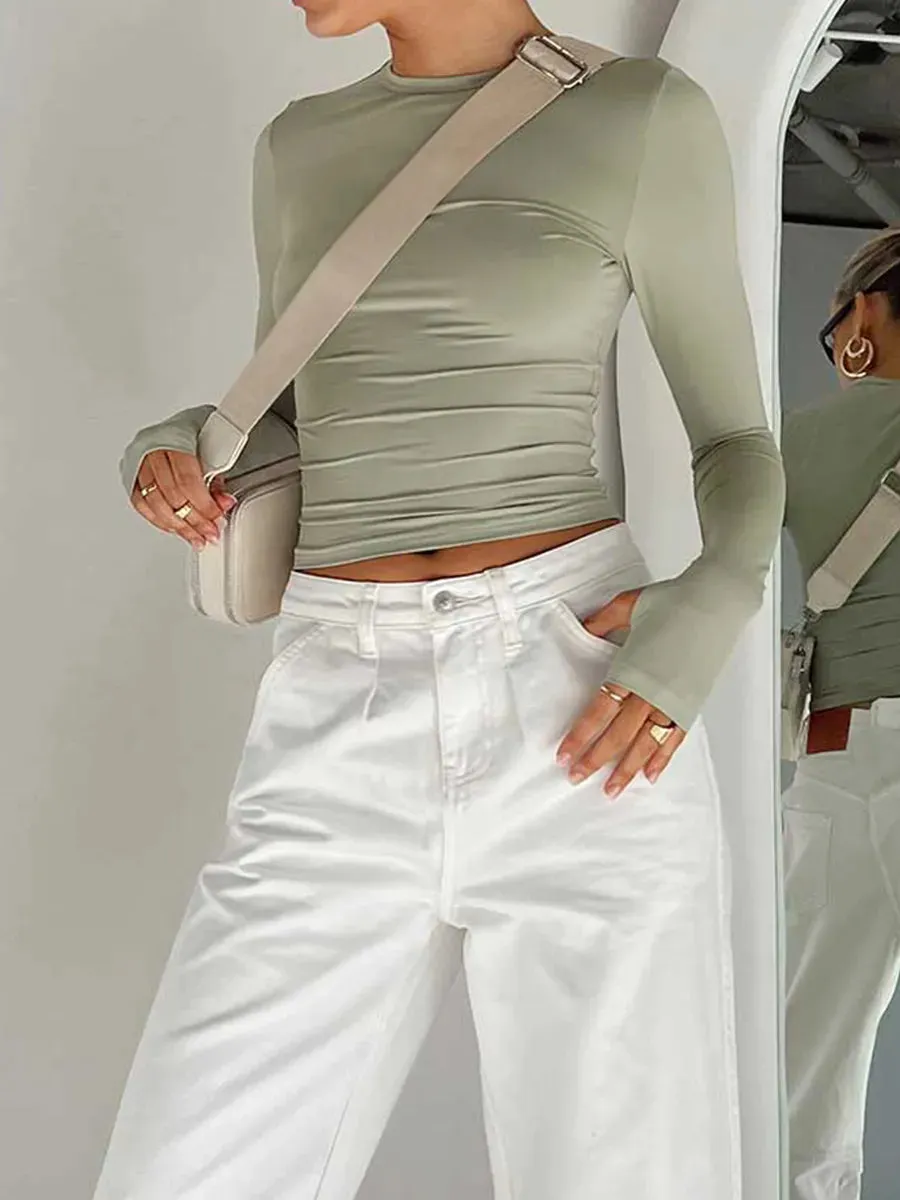 Women's Long Sleeve T-Shirt  Crew Neck Solid Slim Fit Crop Top with Thumb Holes Streetwear Summer Spring Fall