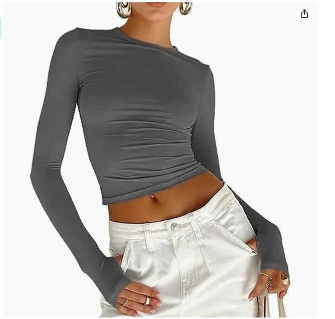 Women's Long Sleeve T-Shirt  Crew Neck Solid Slim Fit Crop Top with Thumb Holes Streetwear Summer Spring Fall