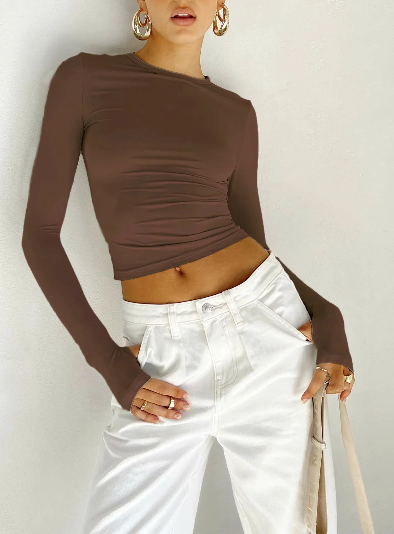 Women's Long Sleeve T-Shirt  Crew Neck Solid Slim Fit Crop Top with Thumb Holes Streetwear Summer Spring Fall