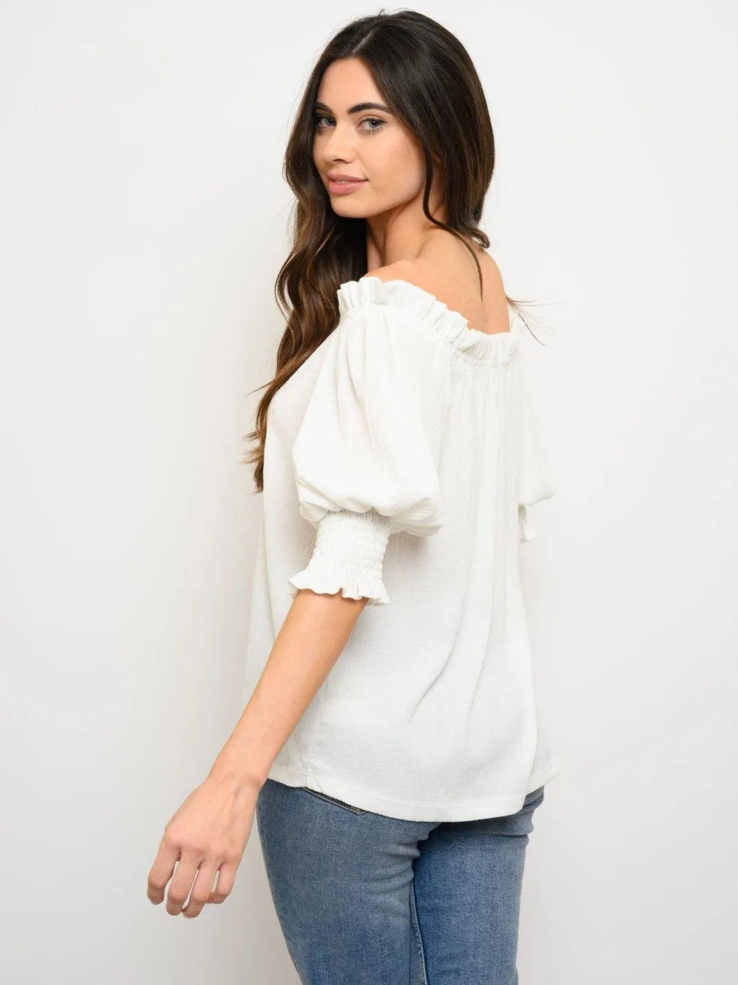 WOMEN'S OFF SHOULDER RUCHED SHORT SLEEVE TOP