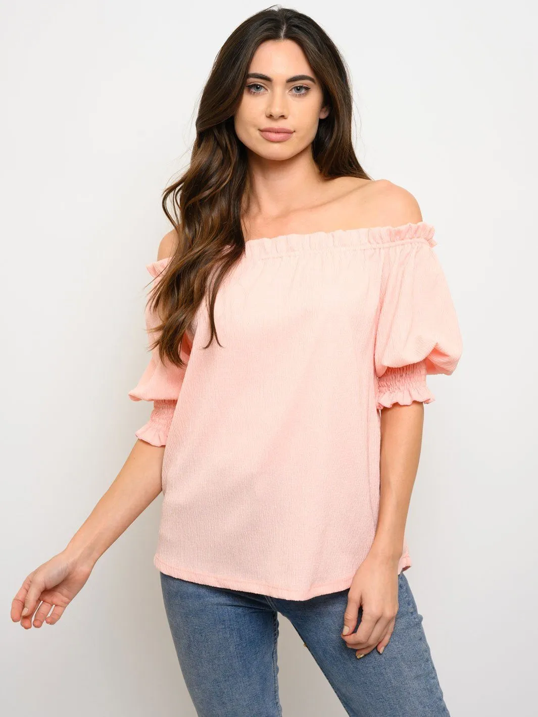 WOMEN'S OFF SHOULDER RUCHED SHORT SLEEVE TOP