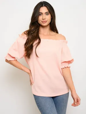 WOMEN'S OFF SHOULDER RUCHED SHORT SLEEVE TOP