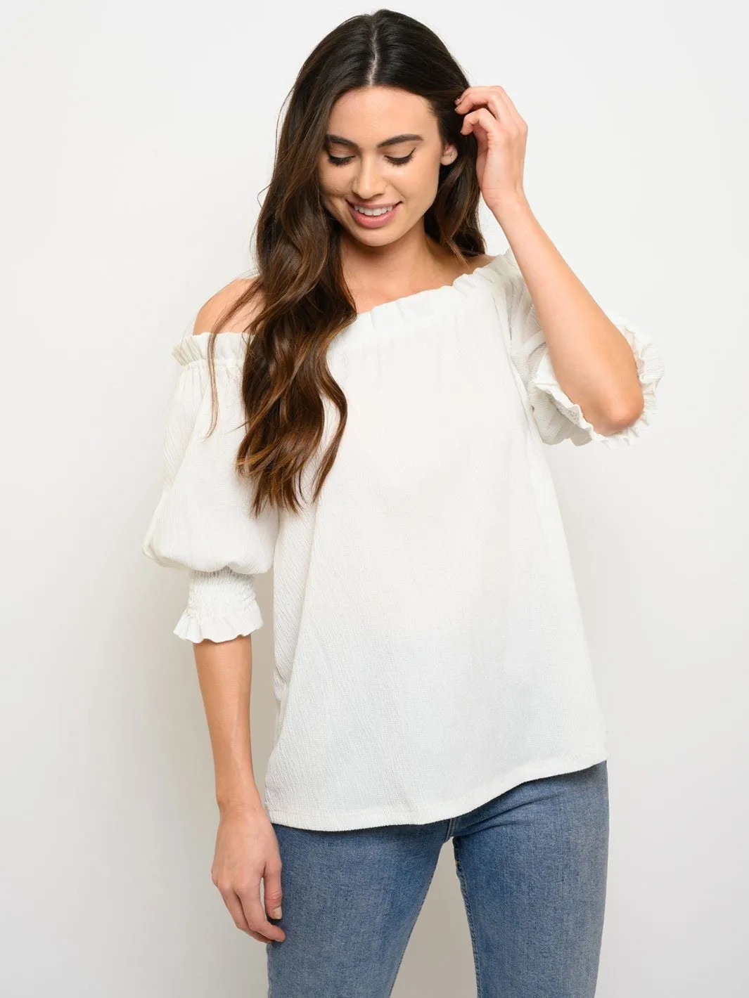 WOMEN'S OFF SHOULDER RUCHED SHORT SLEEVE TOP