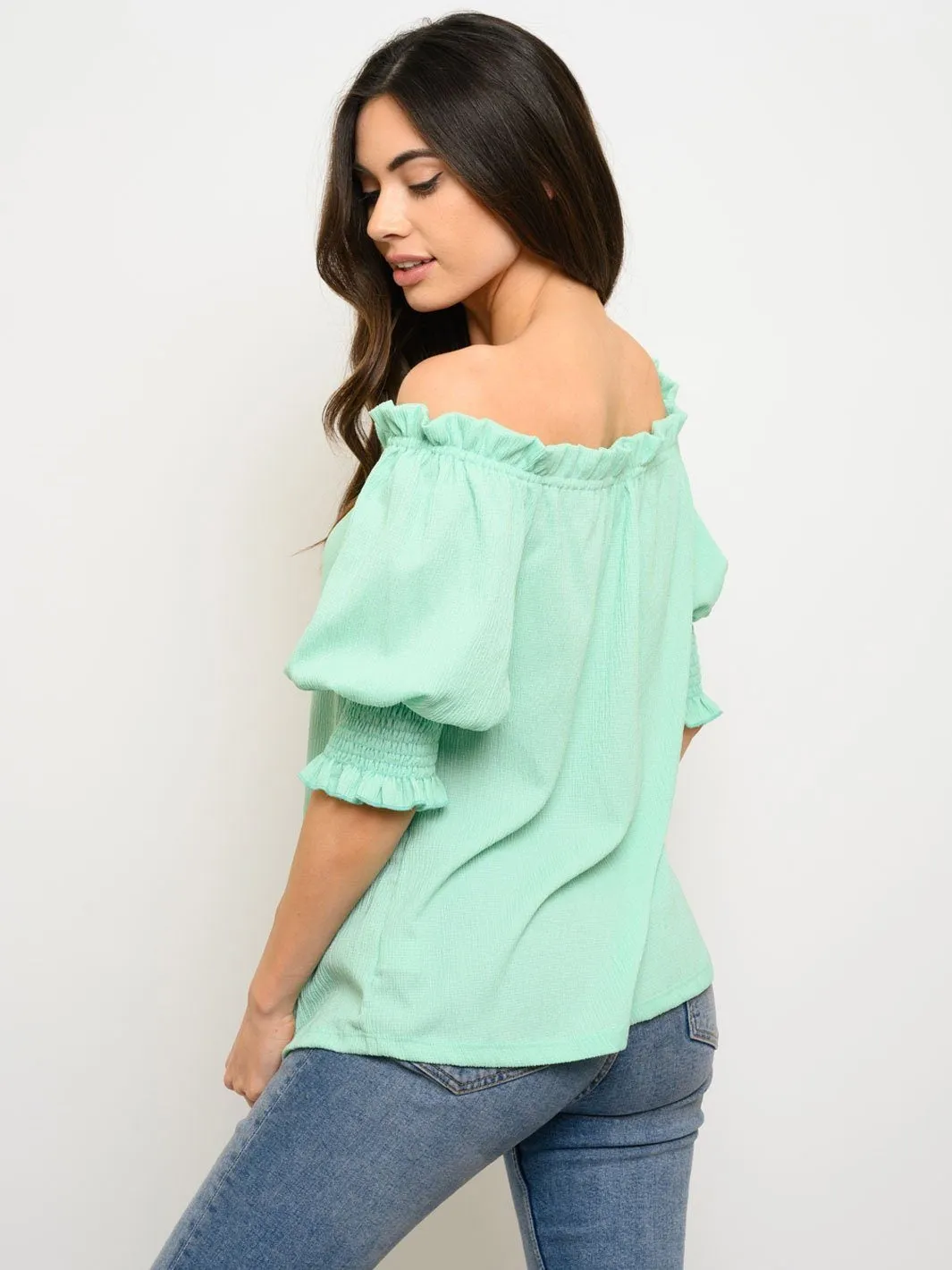 WOMEN'S OFF SHOULDER RUCHED SHORT SLEEVE TOP