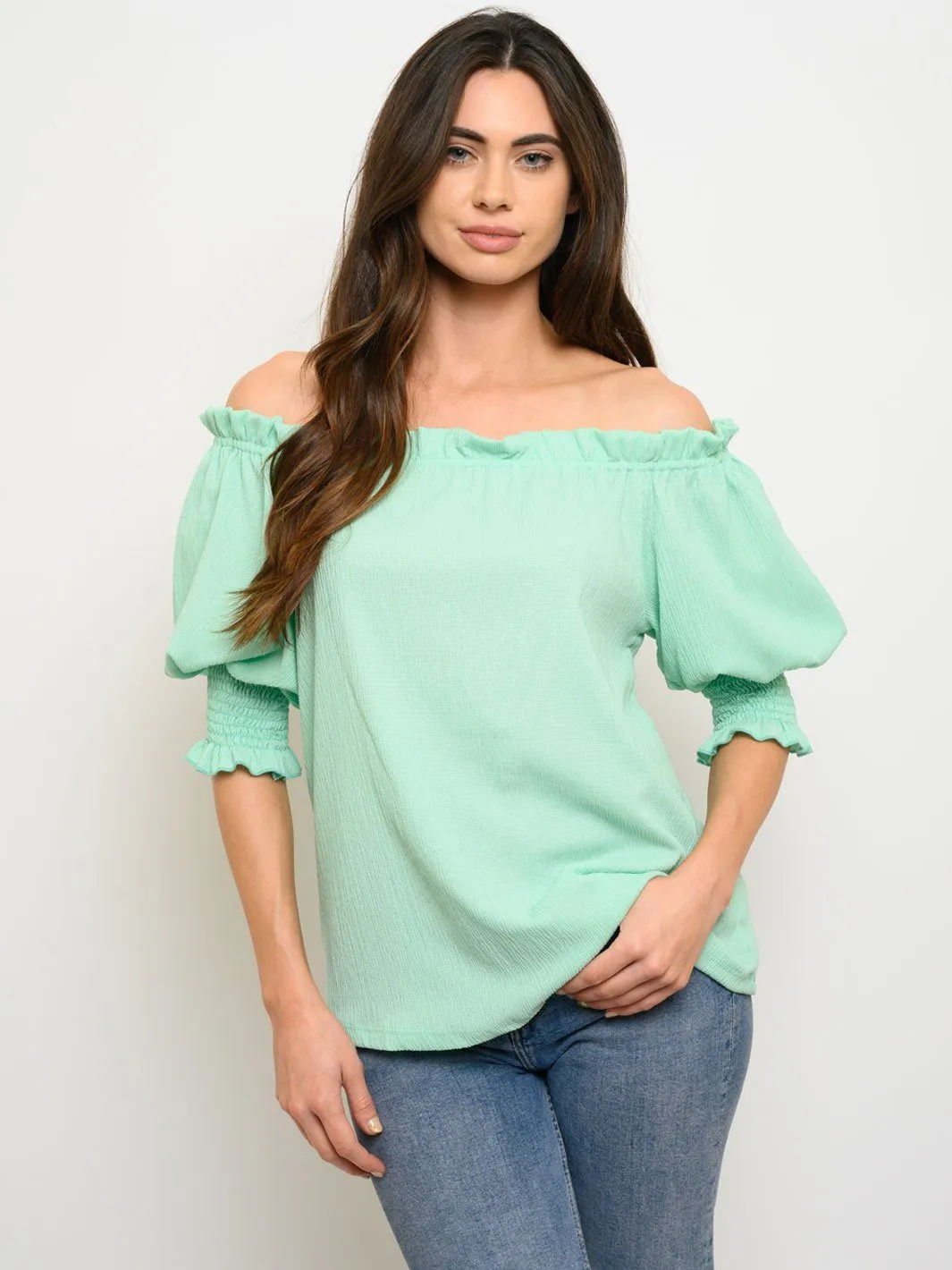 WOMEN'S OFF SHOULDER RUCHED SHORT SLEEVE TOP