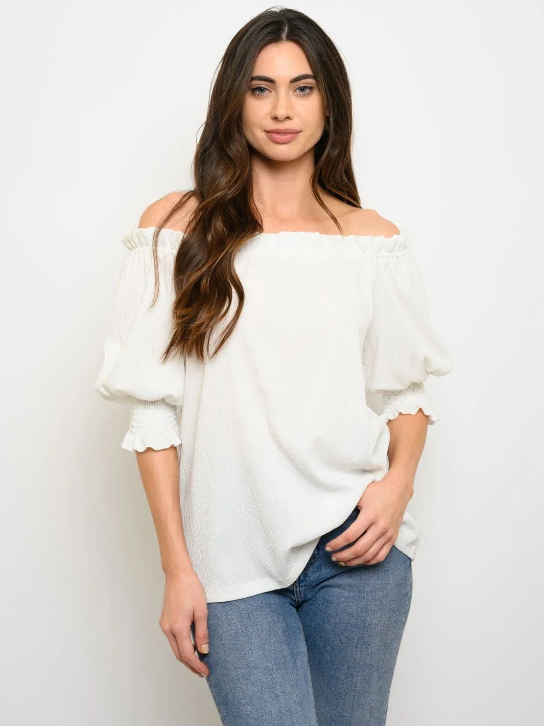 WOMEN'S OFF SHOULDER RUCHED SHORT SLEEVE TOP