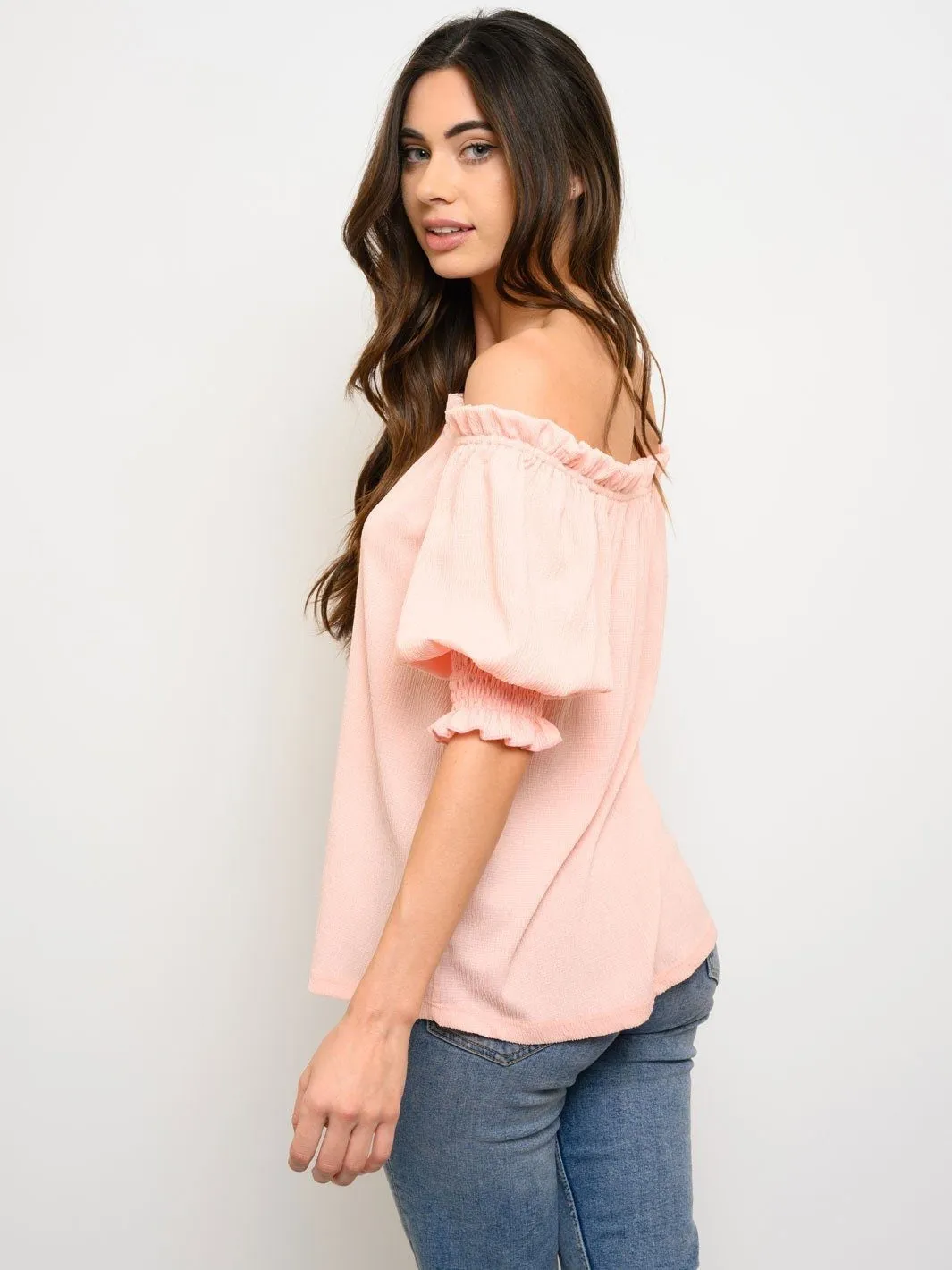 WOMEN'S OFF SHOULDER RUCHED SHORT SLEEVE TOP