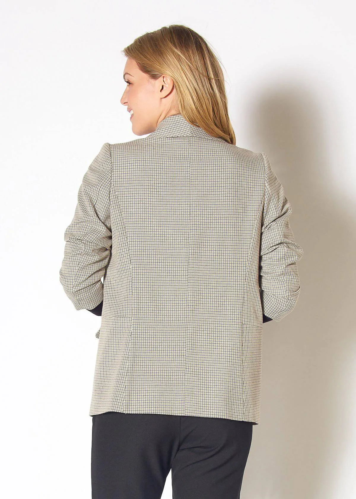 Women's Open Front Blazer in Black Houndstooth Plaid