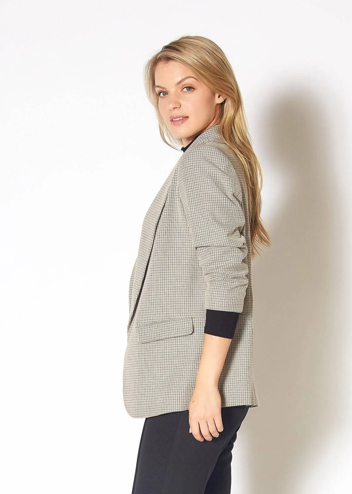 Women's Open Front Blazer in Black Houndstooth Plaid