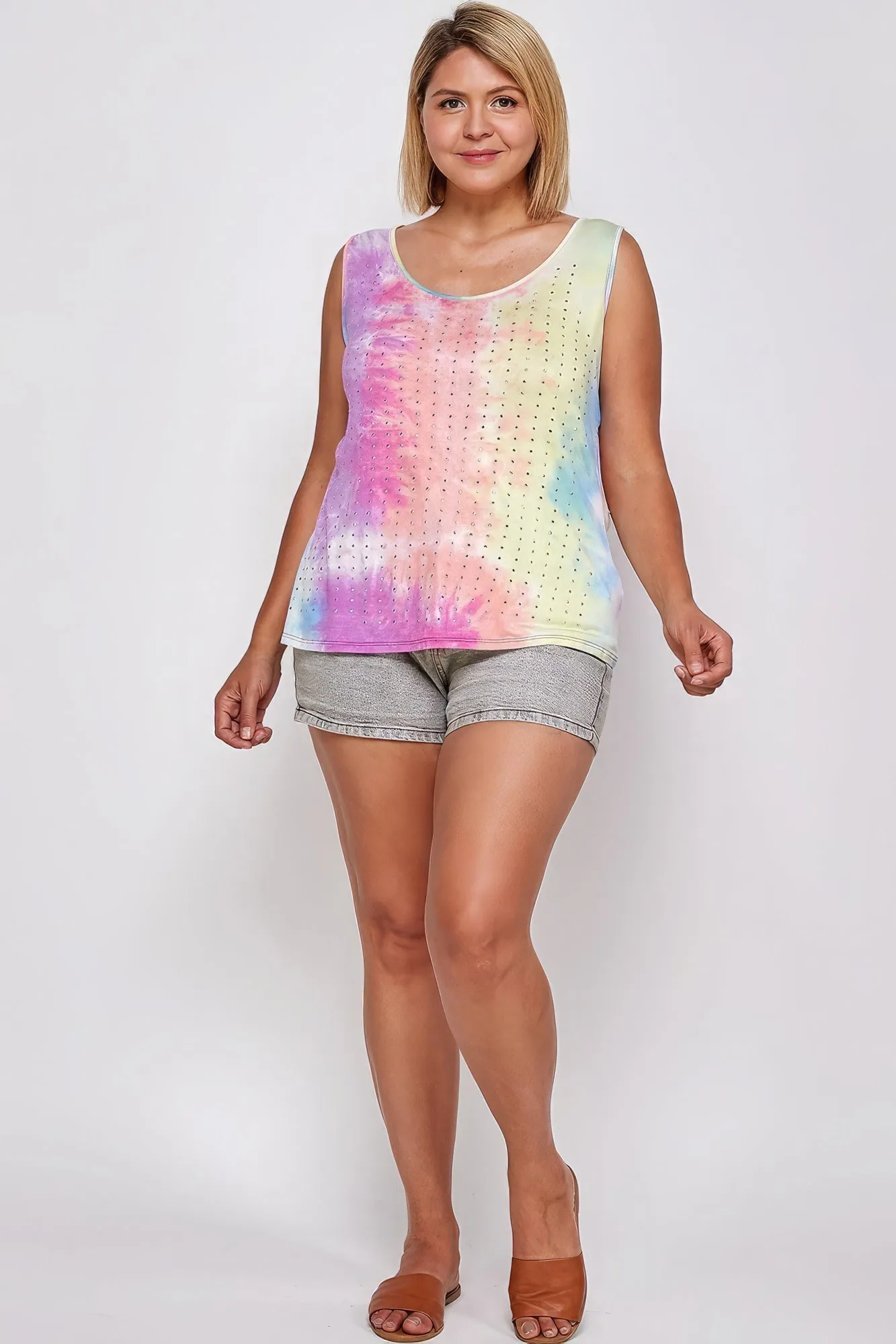 Women's Plus Tie Dye Tank With Studded Detail, Loose Fit, Easy Casual Wear
