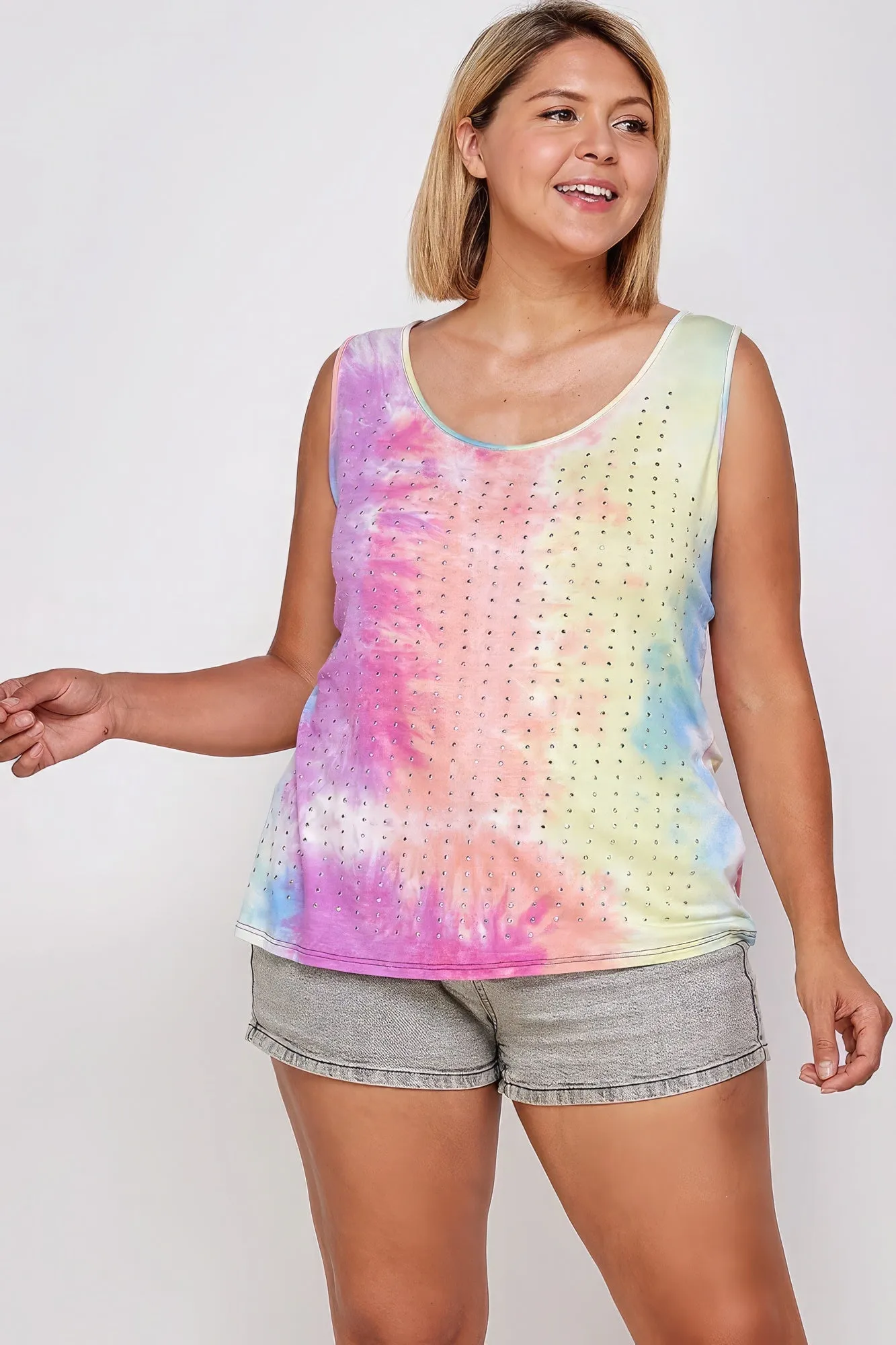 Women's Plus Tie Dye Tank With Studded Detail, Loose Fit, Easy Casual Wear