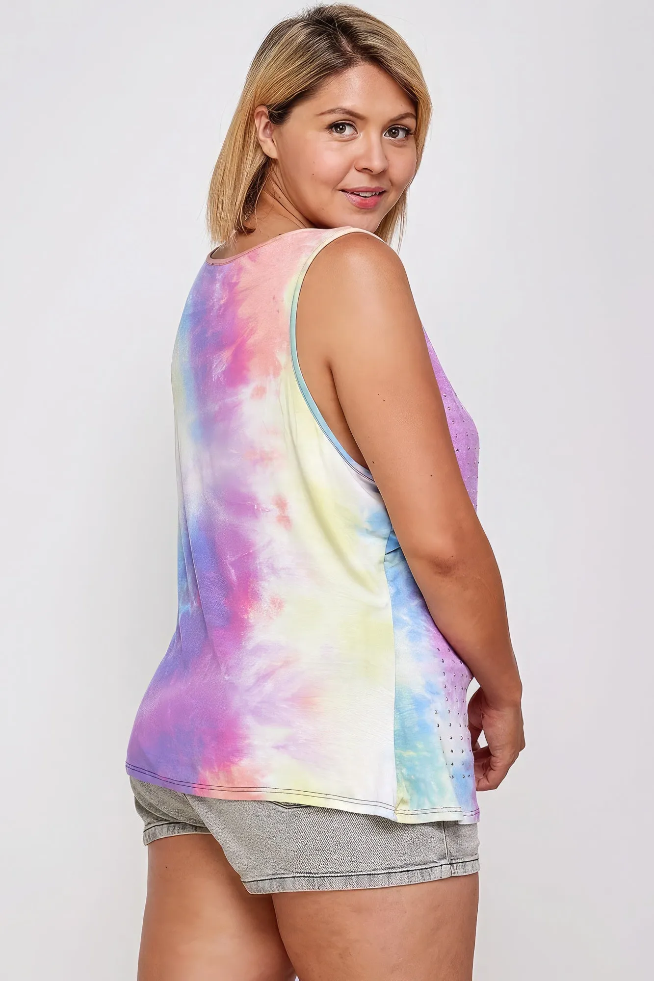 Women's Plus Tie Dye Tank With Studded Detail, Loose Fit, Easy Casual Wear