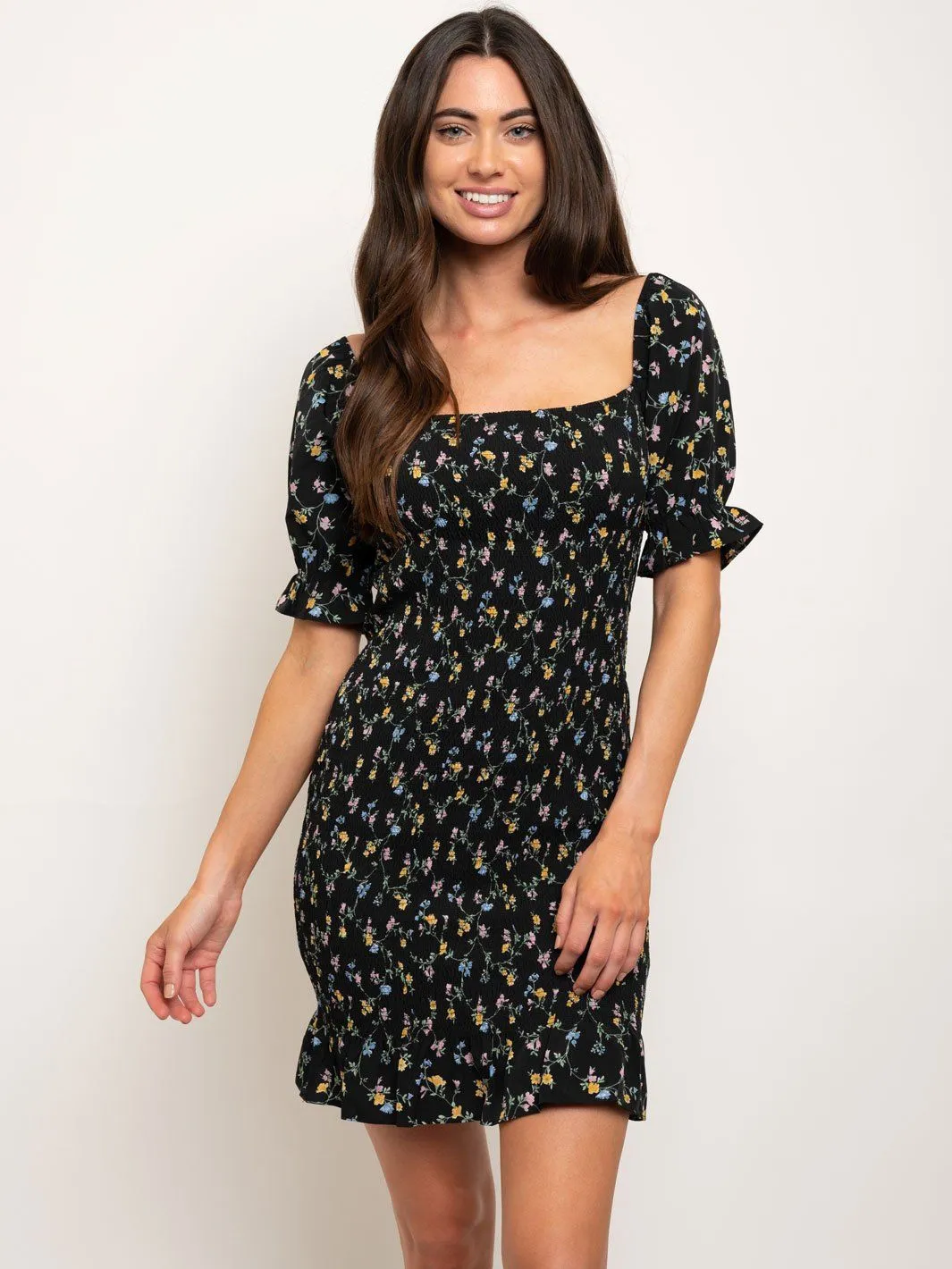 WOMEN'S PUFF SLEEVE RUCHED MINI DRESS