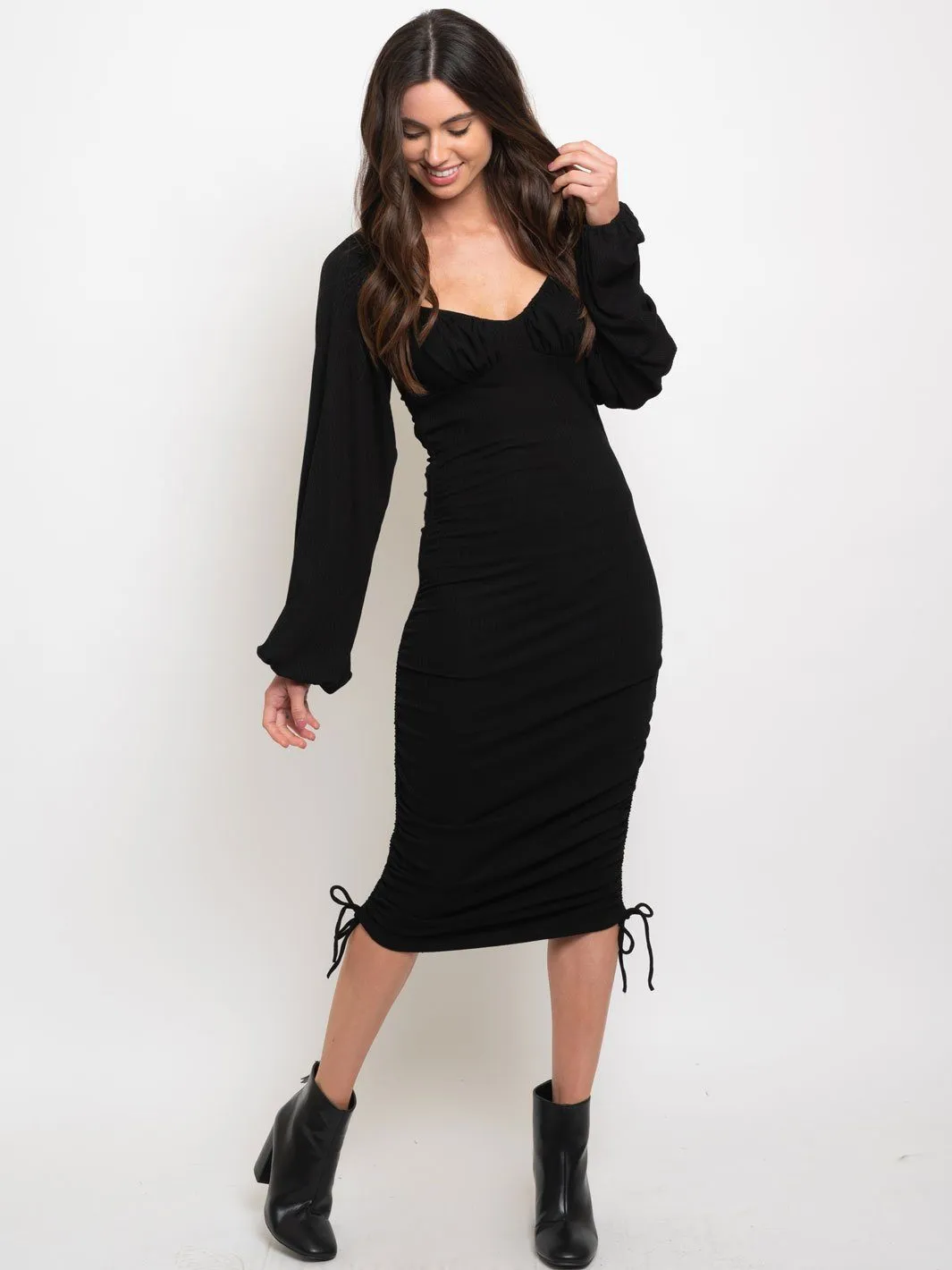 WOMEN'S RIBBED PUFFY LONG SLEEVE SIDE RUCHED DRESS
