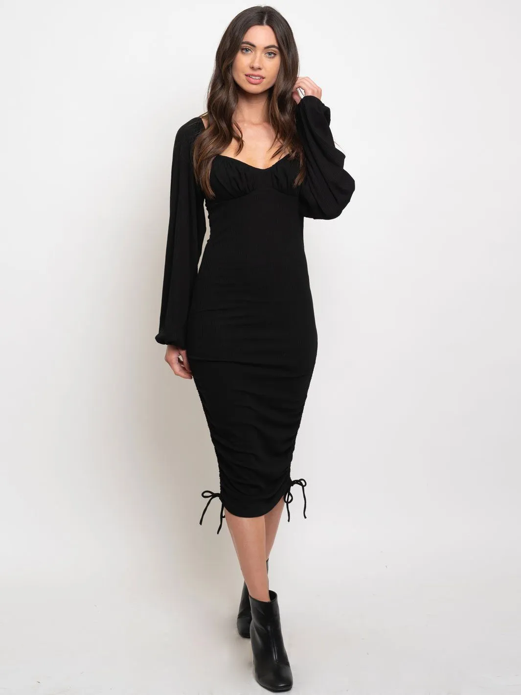 WOMEN'S RIBBED PUFFY LONG SLEEVE SIDE RUCHED DRESS