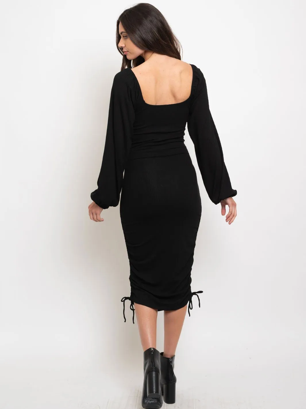 WOMEN'S RIBBED PUFFY LONG SLEEVE SIDE RUCHED DRESS