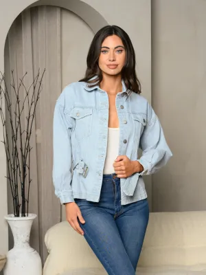 WOMEN'S RUCHED BACK BELTED DENIM JACKET