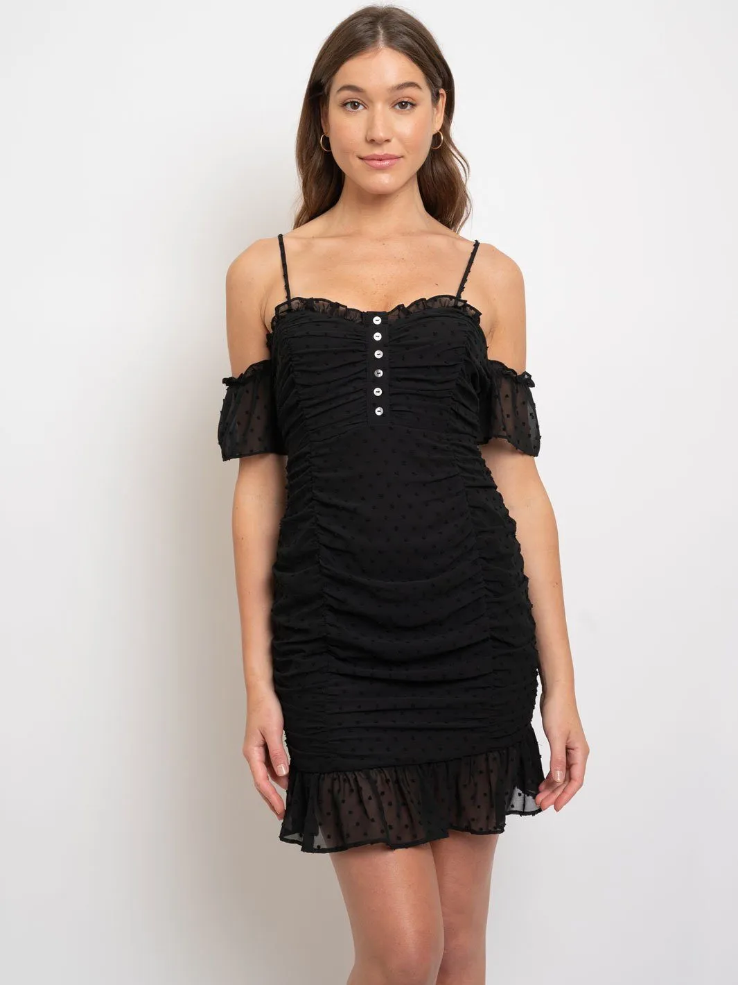 WOMEN'S RUCHED SWISS DOTS COLD SHOULDER DRESS