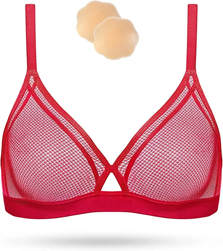 Women's Sexy Lace Wireless Plunge Bra Red/Black/Nude