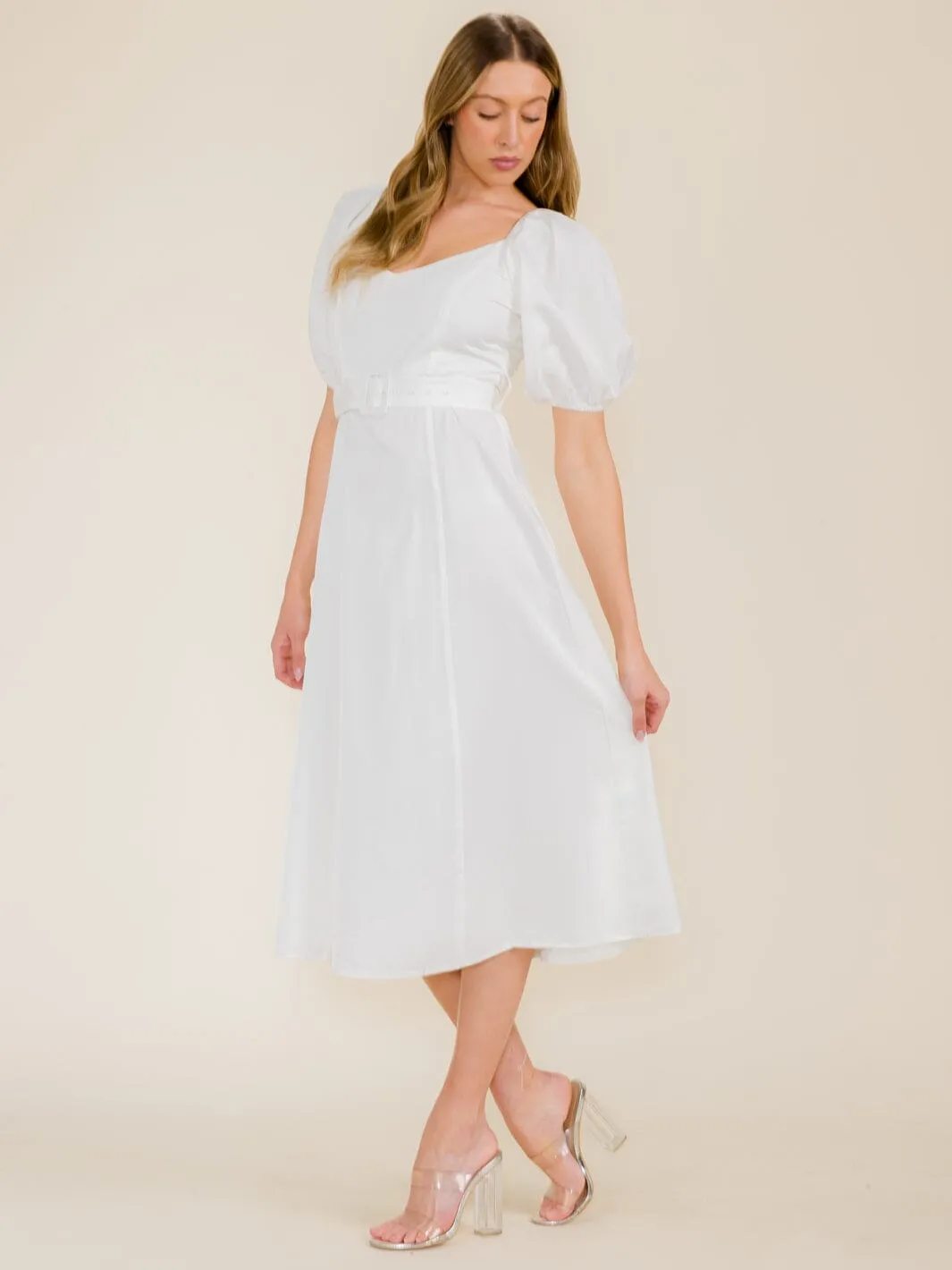 WOMEN'S SHORT PUFF SLEEVE BELTED MIDI DRESS